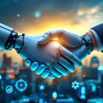 Robotic hand shaking hands with a human in front of a blurred city skyline, symbolizing human–robot collaboration.
