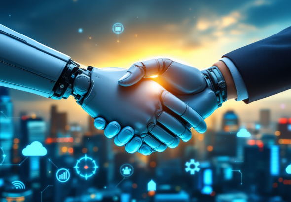 Robotic hand shaking hands with a human in front of a blurred city skyline, symbolizing human–robot collaboration.