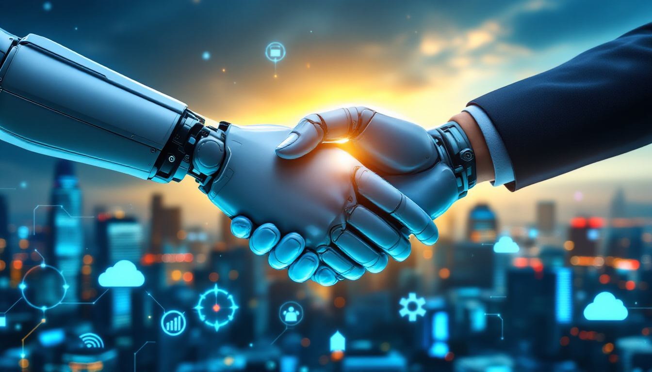Robotic hand shaking hands with a human in front of a blurred city skyline, symbolizing human–robot collaboration.