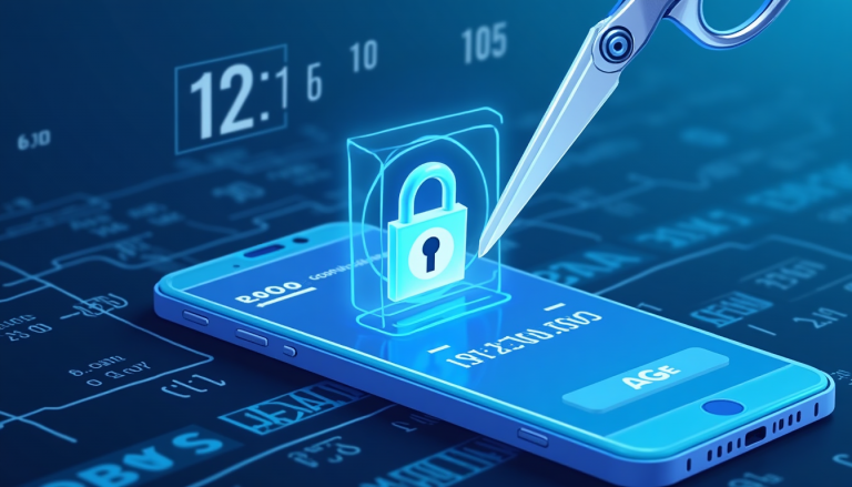 Cybersecurity concept: a blue smartphone with a glowing lock icon and a surgical scalpel probing the screen to indicate hacking protection.