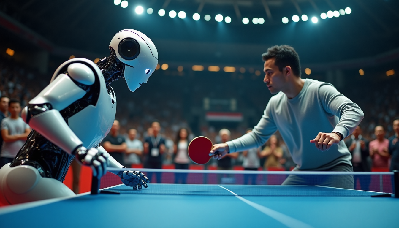 Humanoid robot opponent and a man playing table tennis in a crowded arena under bright lights, mid‑match edge of the table.