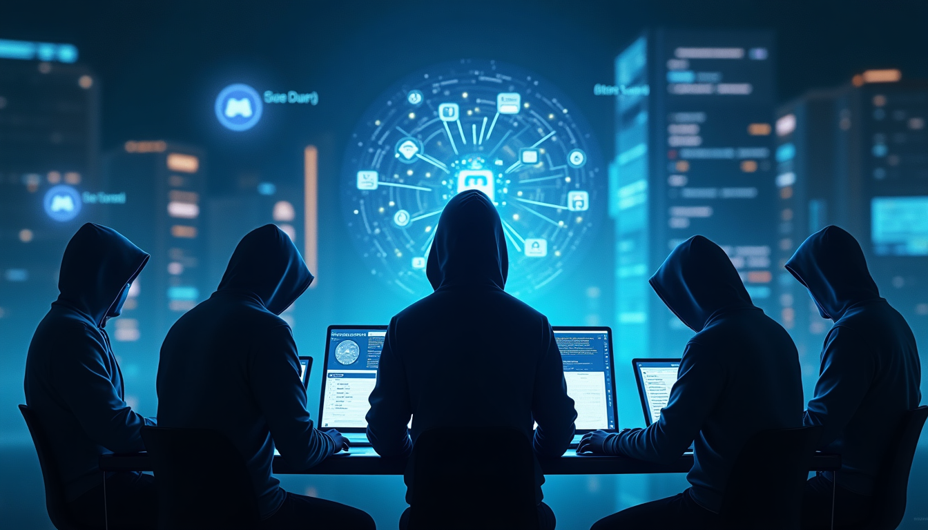 Five hooded figures coding on laptops at a long table, blue neon data-center backdrop with a circular digital network.