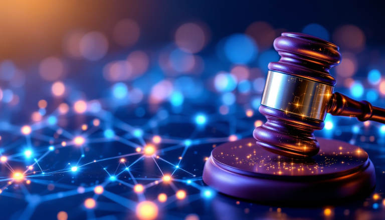 Judicial gavel rests on a sound block with a futuristic blue-and-orange network backdrop.