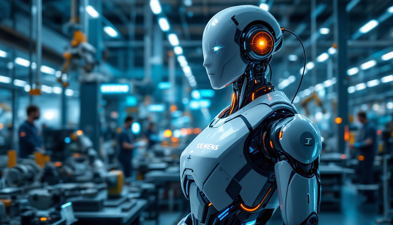 Siemens industrial robot on a factory floor with glowing orange eye and blue accents.