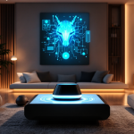 Modern living room with a blue-glowing holographic device on a low coffee table and digital animal art on the wall.