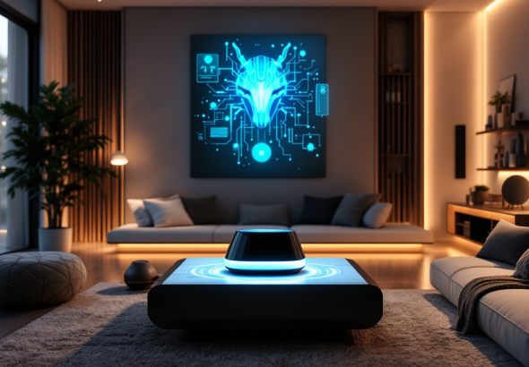 Modern living room with a blue-glowing holographic device on a low coffee table and digital animal art on the wall.