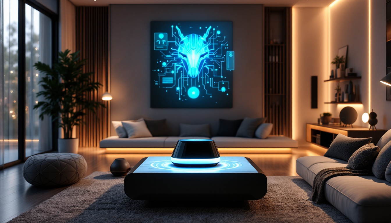 Modern living room with a blue-glowing holographic device on a low coffee table and digital animal art on the wall.