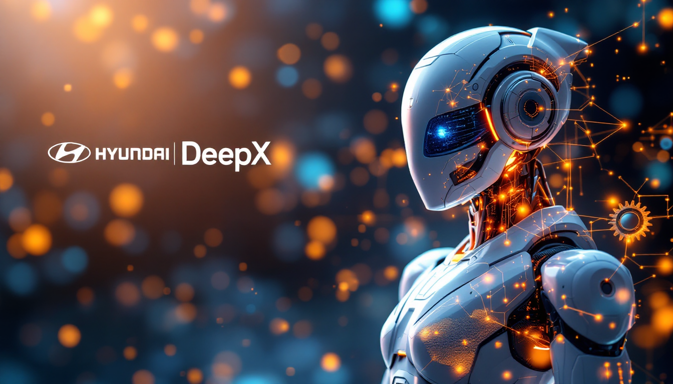 Hyundai DeepX branding with a futuristic white humanoid robot against an orange-blue bokeh background with glowing circuitry.