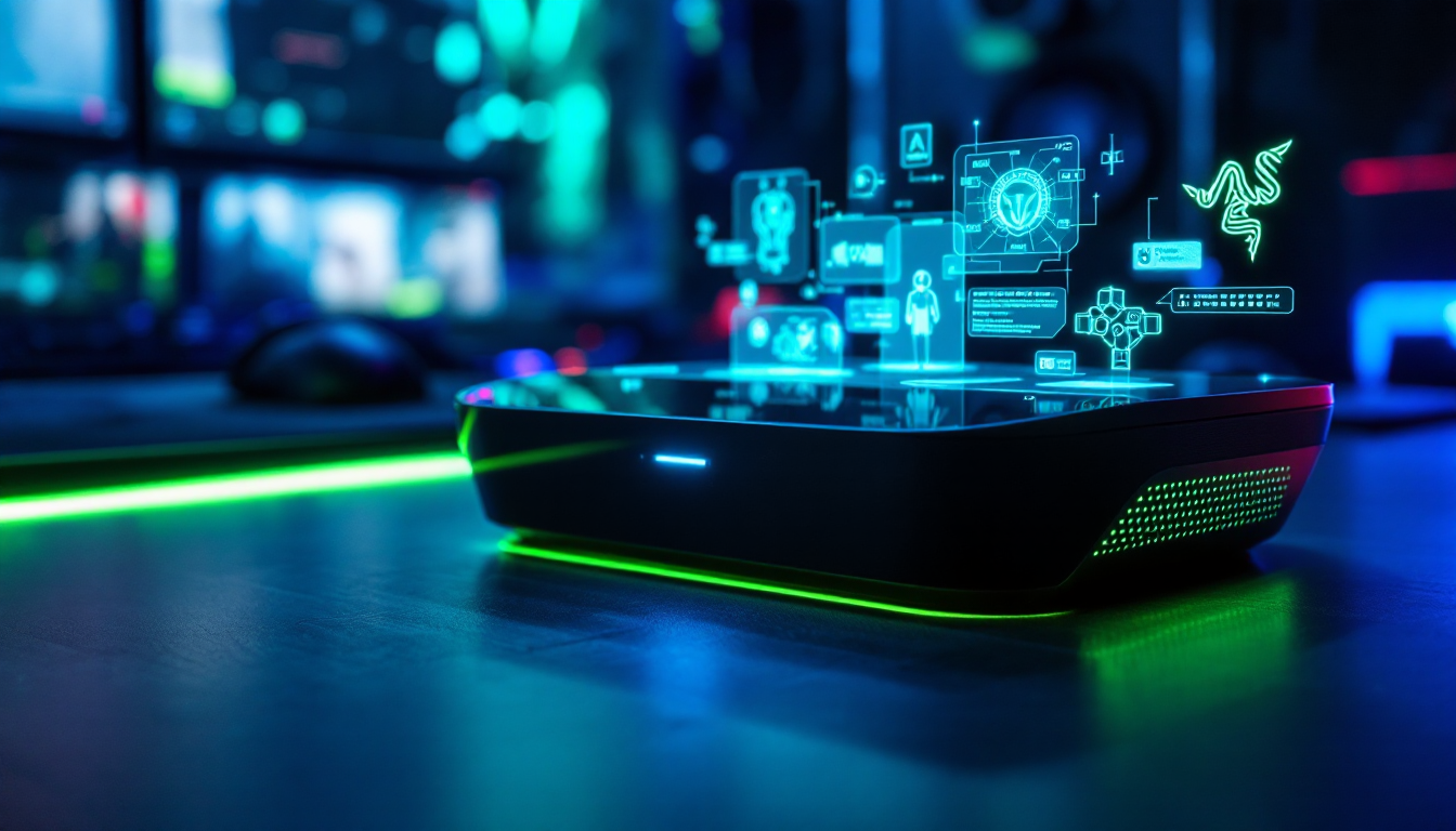 Futuristic gaming console on a desk with blue holographic UI projecting above and neon green underglow.