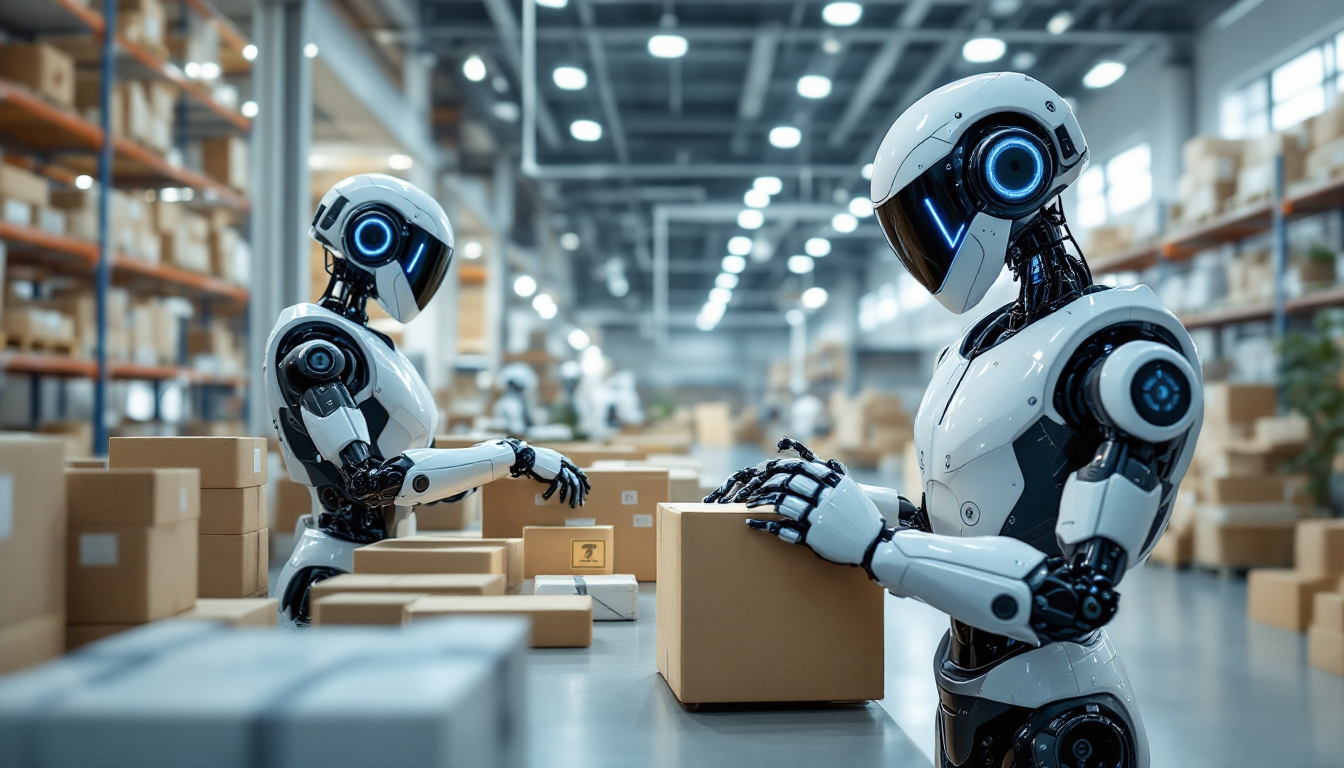 Two white humanoid robots in a busy warehouse handling cardboard boxes on a packing line for shipment.