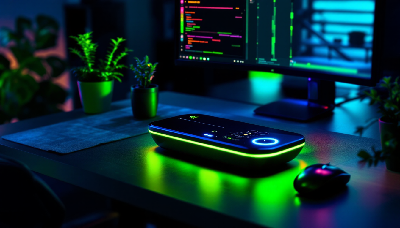Tech desk with a glowing RGB device on a table, neon green light outlining the edge and a circular blue ring.