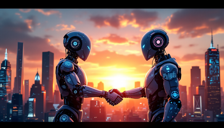 Two sci-fi humanoid robots shake hands in front of a sunset city skyline.
