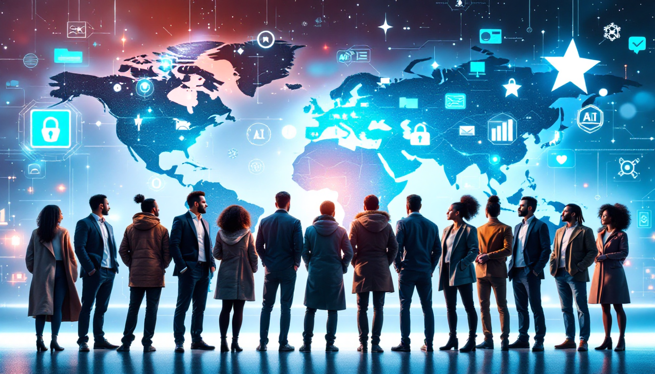 Group of diverse professionals facing a glowing world map filled with digital icons and symbols of technology and connectivity.