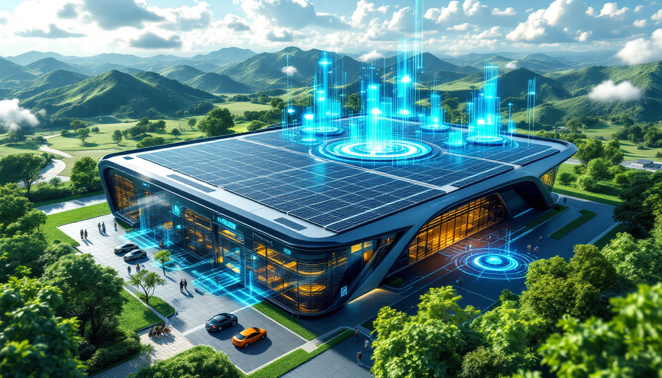 Futuristic solar-powered building in a green valley with glowing blue holographic data towers above the roof shift.