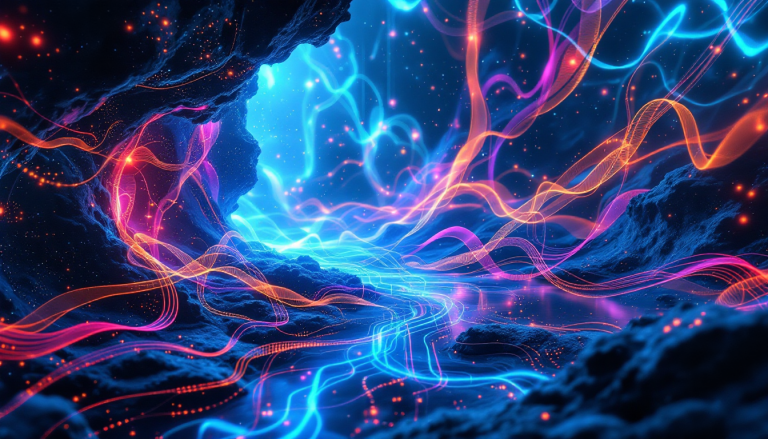 Abstract neon blue and orange light ribbons weaving through a dark jagged cavern surface.