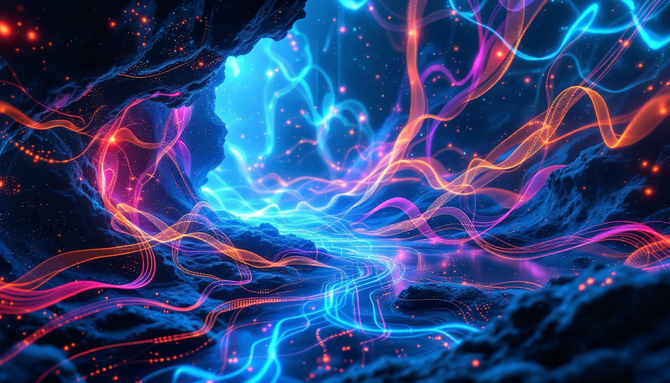Abstract neon blue and orange light ribbons weaving through a dark jagged cavern surface.