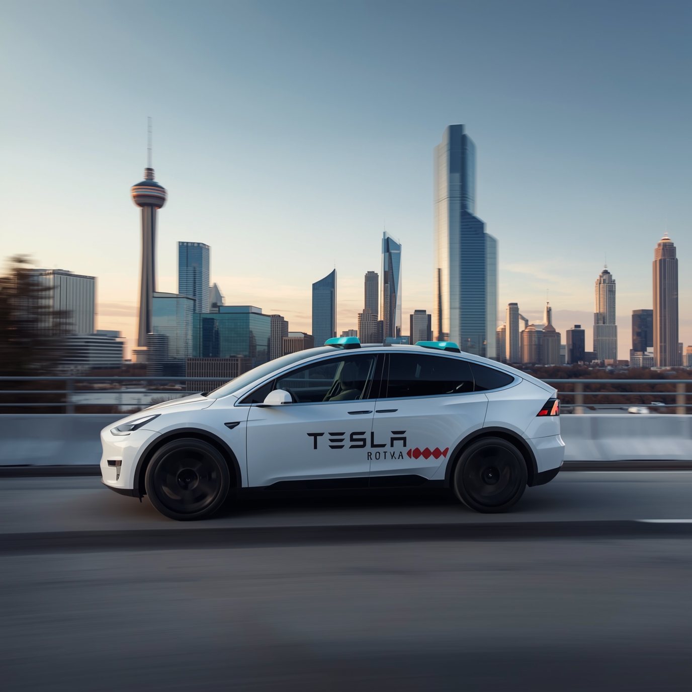 White Tesla electric sedan in motion on a highway with a modern city skyline in the background at dusk/light sunset rays behind skyscrapers
