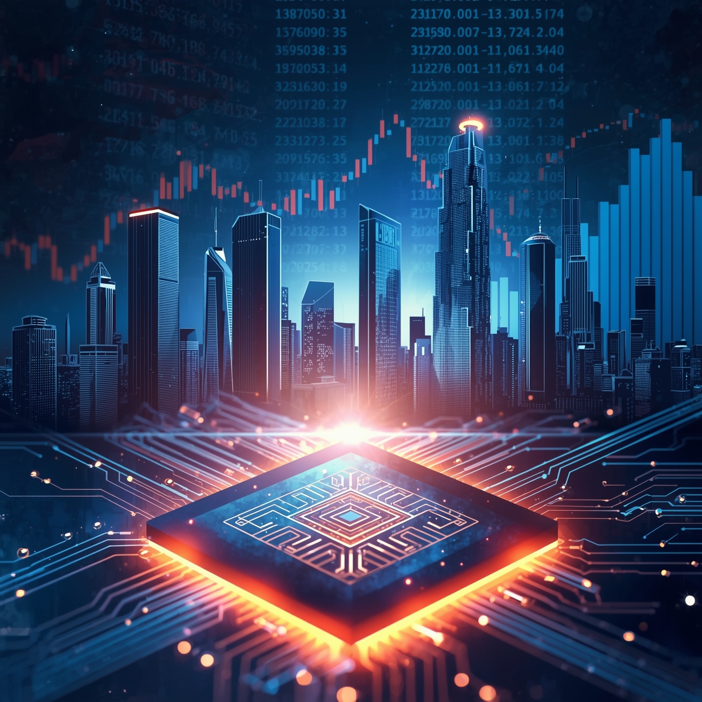 Futuristic city skyline behind a glowing microprocessor on a circuit board, signaling smart city technology and AI infrastructure.