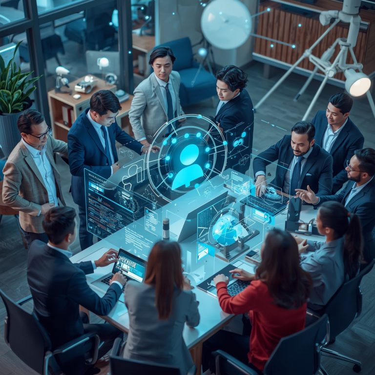 Team of professionals around a glass table examining a glowing holographic user-interface projection.