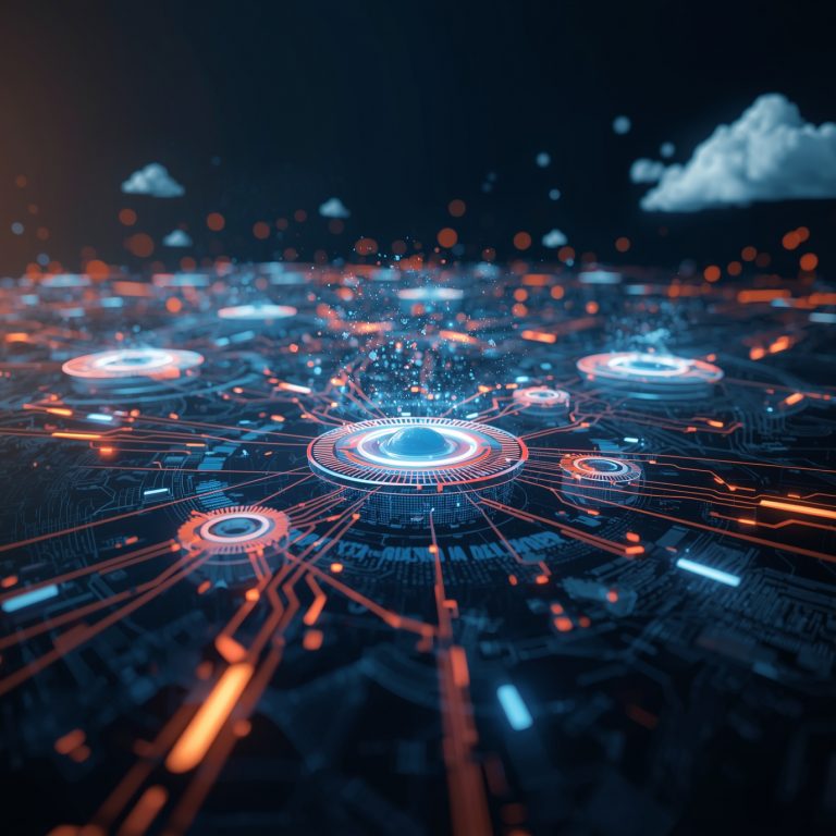 Abstract futuristic circuit network with glowing blue and orange hubs connected by neon lines, suggesting AI or data interconnectivity
