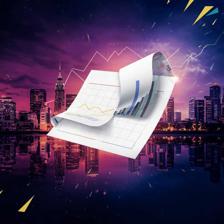 Floating sheets with graphs and charts rise above a neon city skyline, depicting financial data analysis in motion.