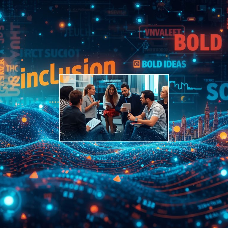Six professionals sit in a circle discussing with tablets and papers in a modern meeting room, overlaid by a futuristic blue‑orange digital background that includes the word 'inclusion'.