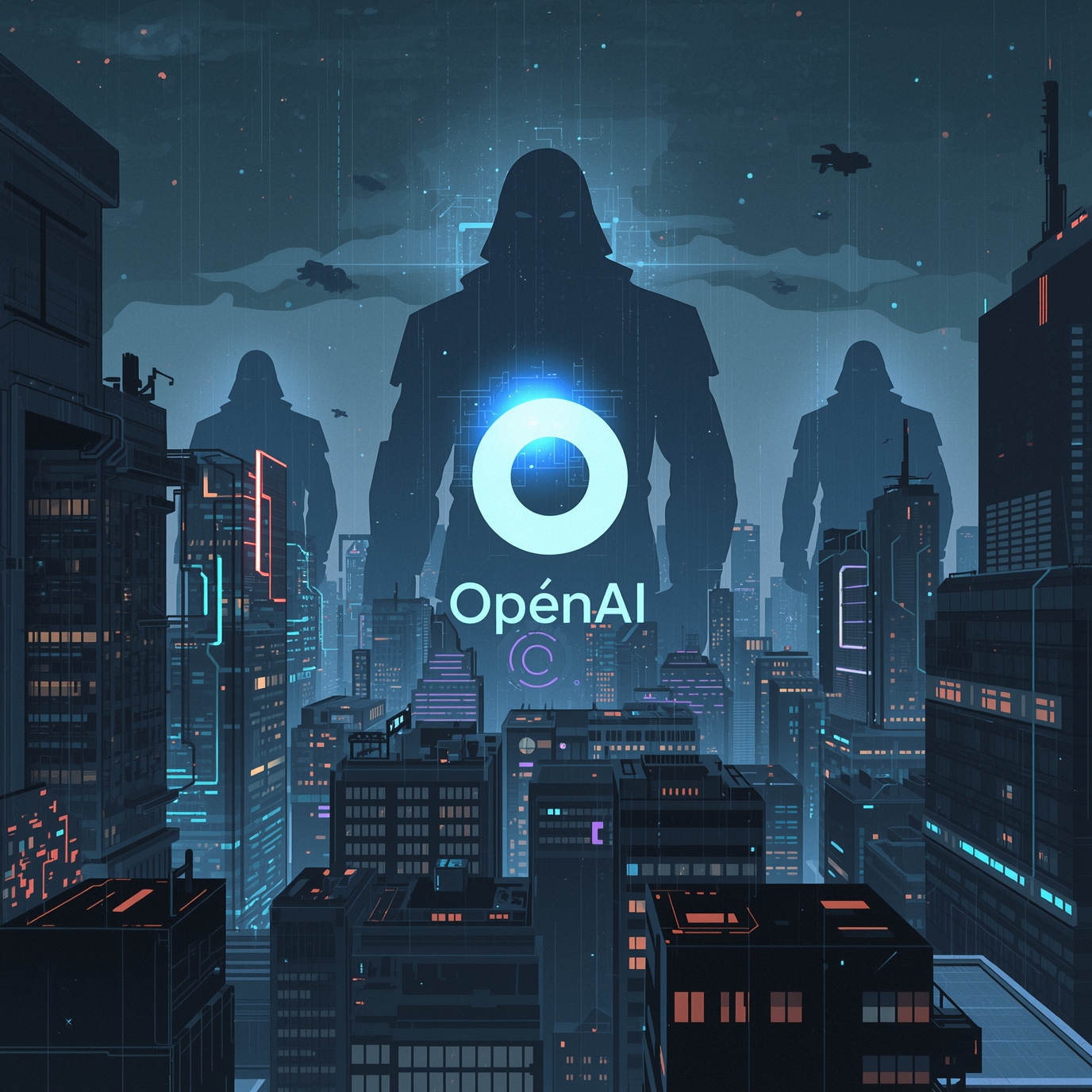 Futuristic city skyline at night with a glowing OpenAI logo centered among tall silhouettes.