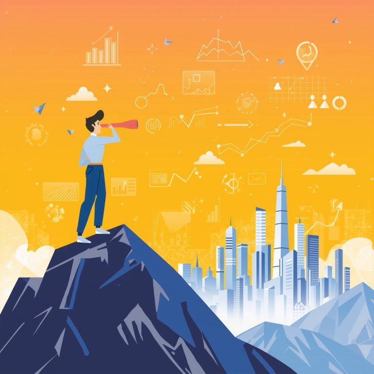 Person on a mountain peak uses a telescope to scan a futuristic city skyline filled with data charts and icons against an orange sky, symbolizing insights and growth .