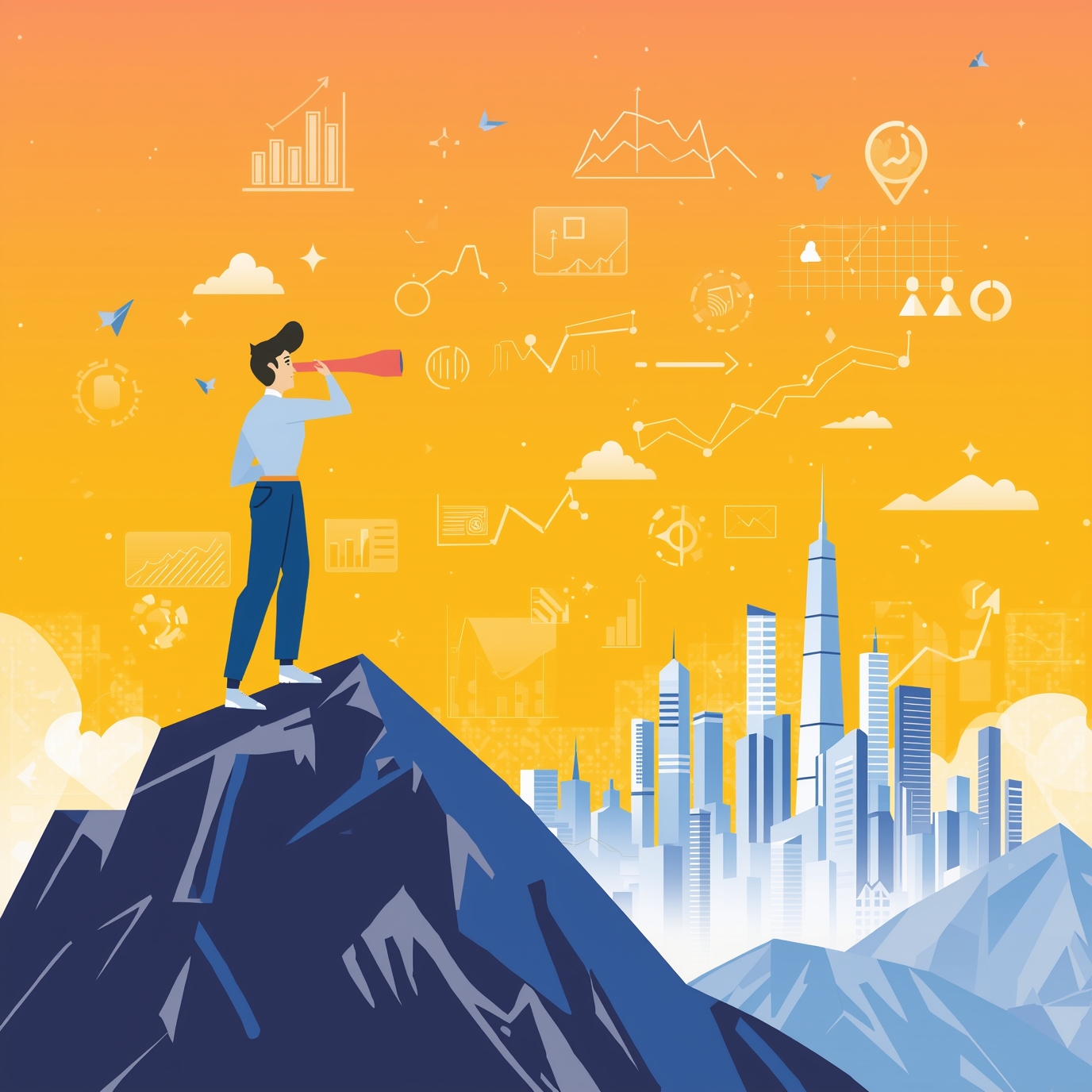 Person on a mountain peak uses a telescope to scan a futuristic city skyline filled with data charts and icons against an orange sky, symbolizing insights and growth .