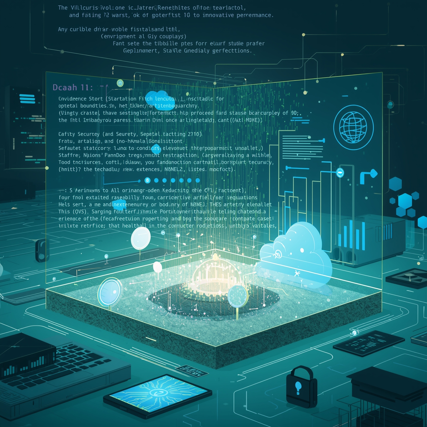 Futuristic holographic data interface over a secured cloud platform with code lines and circuit graphics.