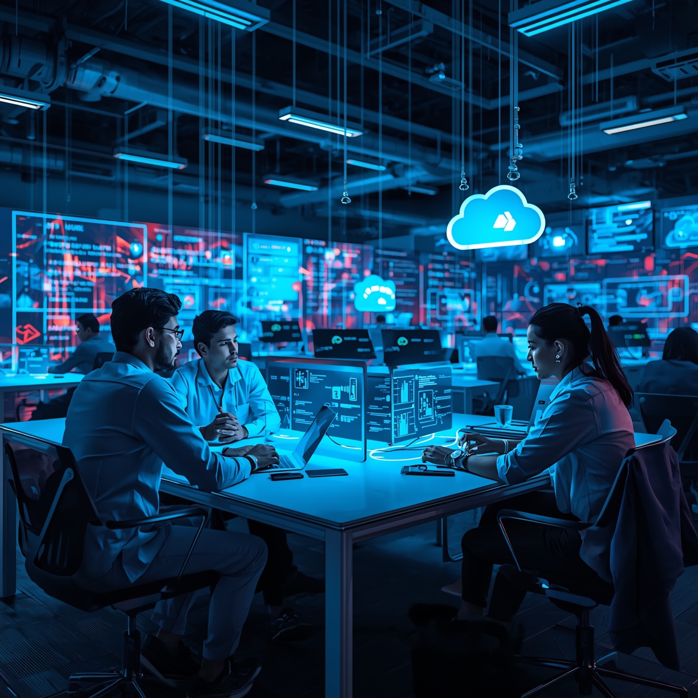 IT team in a high-tech operations center working at desks with multiple monitors; glowing cloud icons hover above them in blue lighting.