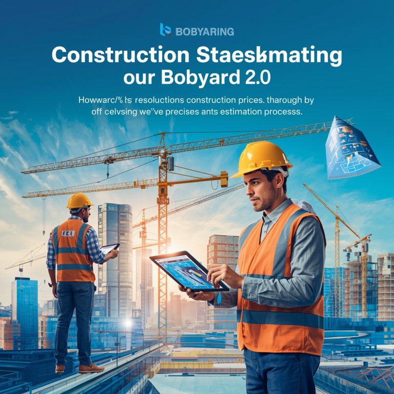 Two construction workers in safety vests and hard hats on a building site, one using a tablet at ground level with cranes in the background at sunset/sunrise in the blue sky.