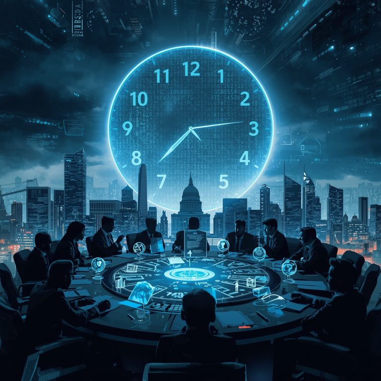 A futuristic boardroom meeting around a circular table, with holographic screens and a giant neon clock over a city skyline.