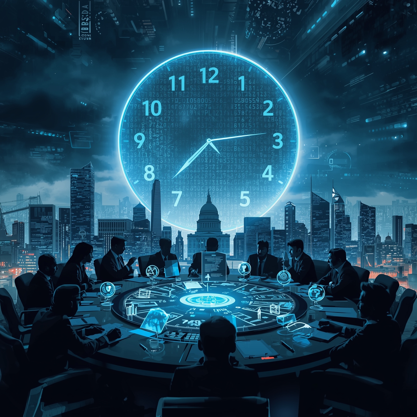 A futuristic boardroom meeting around a circular table, with holographic screens and a giant neon clock over a city skyline.