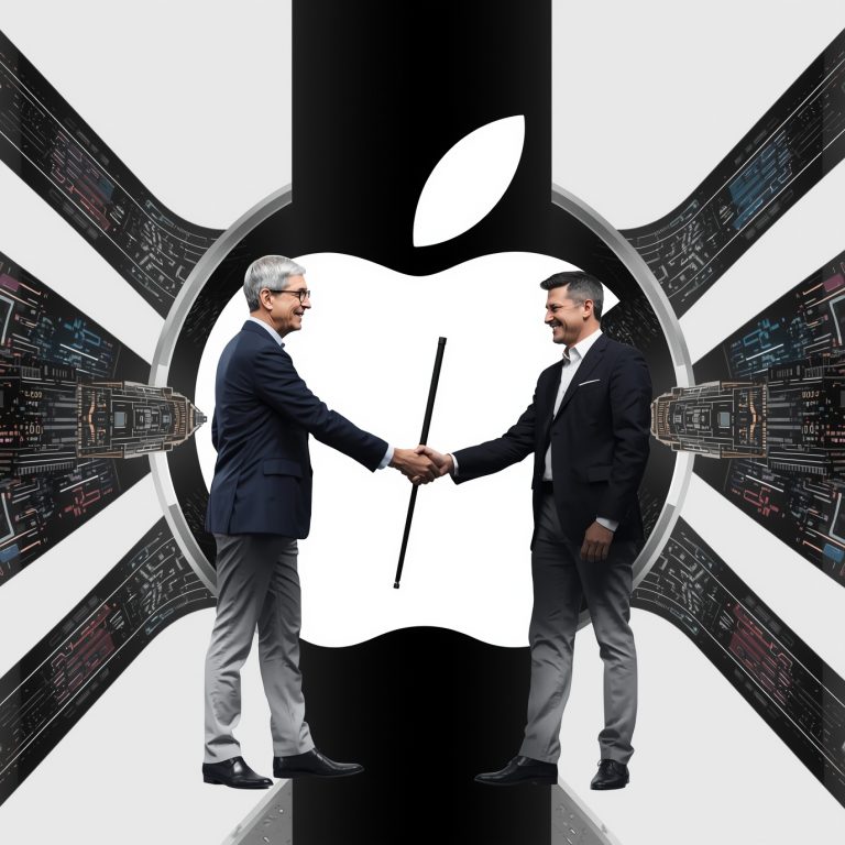 Two executives in suits shake hands in front of a large white Apple logo, symbolizing a tech partnership.