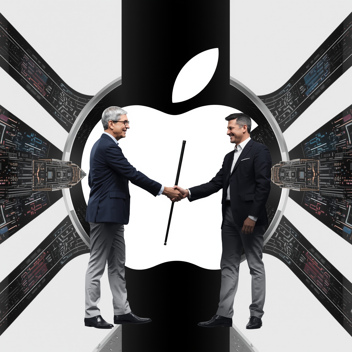 Two executives in suits shake hands in front of a large white Apple logo, symbolizing a tech partnership.