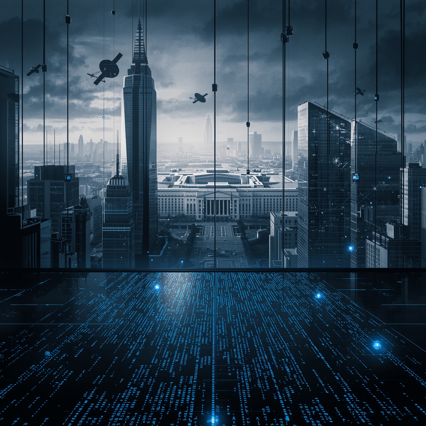 Blue futuristic city skyline viewed from a high-tech room, with hanging cables and glowing data streams on the floor.