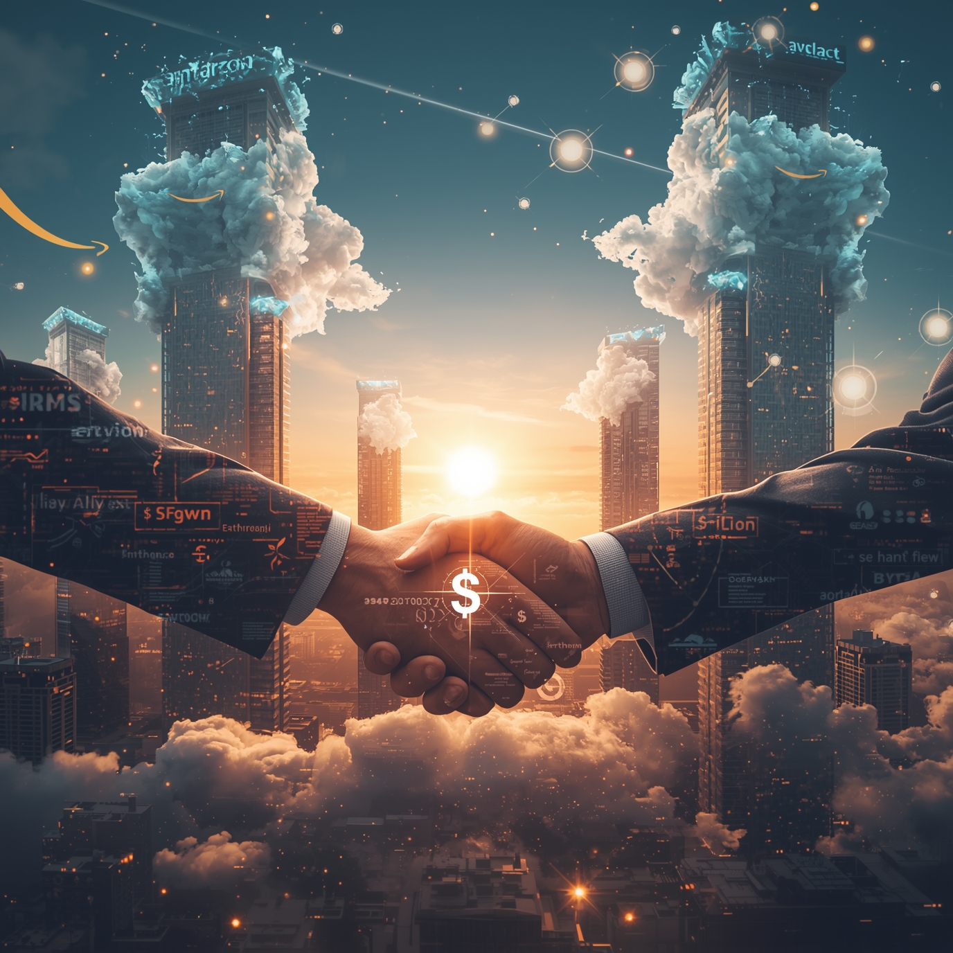 Two professionals shake hands over a futuristic city skyline at sunset, with digital data overlays and glowing orbs in the sky.