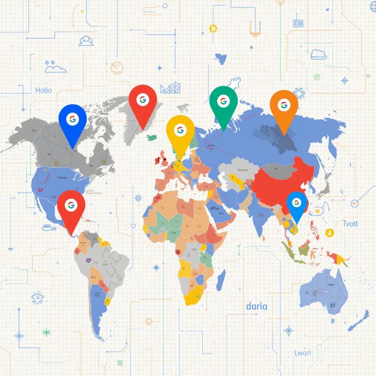 World map showing several colorful Google location pins placed across continents to indicate key locations.