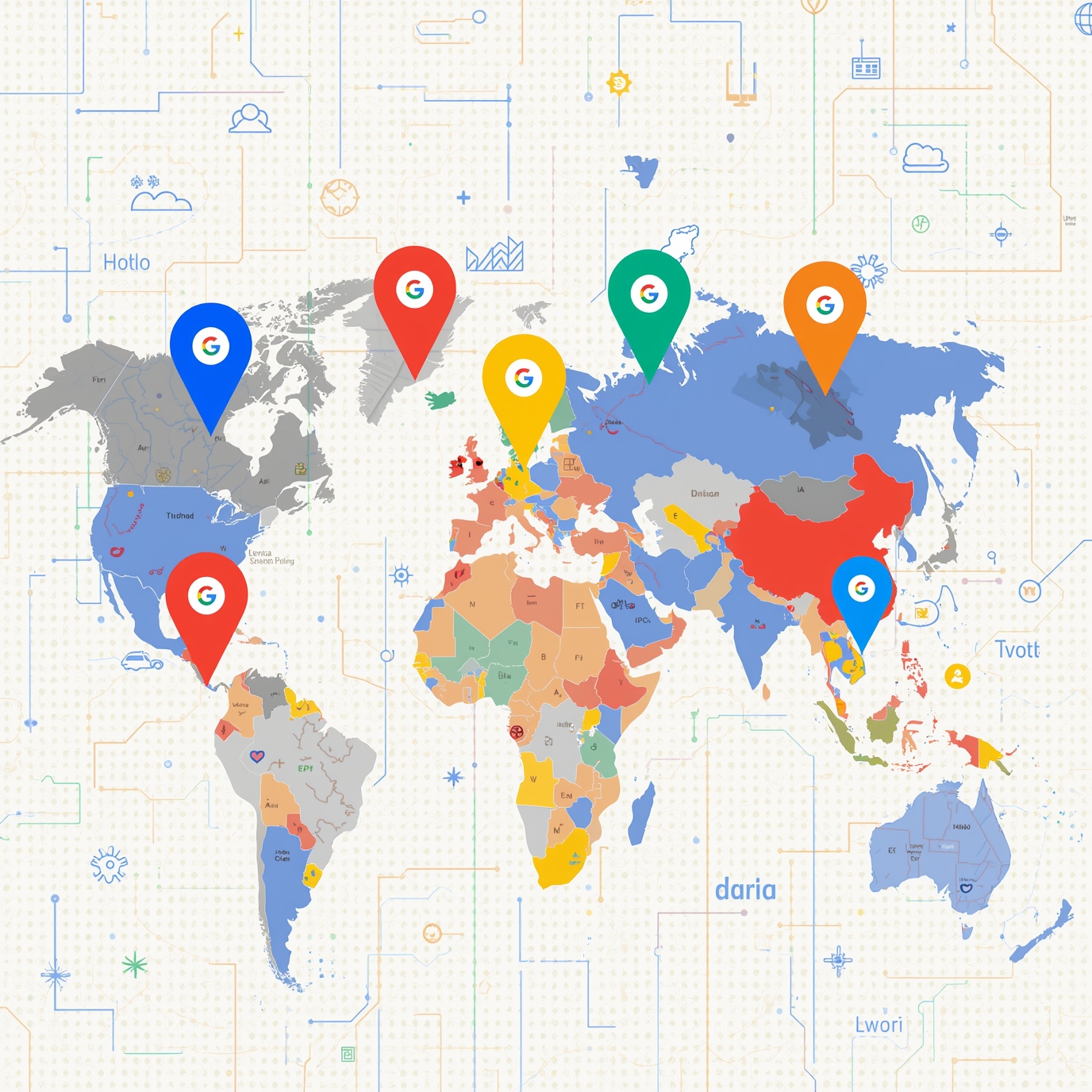 World map showing several colorful Google location pins placed across continents to indicate key locations.