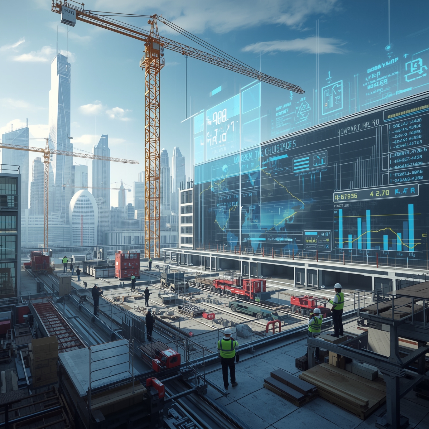 Construction site with a tall crane and glass facade displaying blue holographic data charts over a futuristic city.