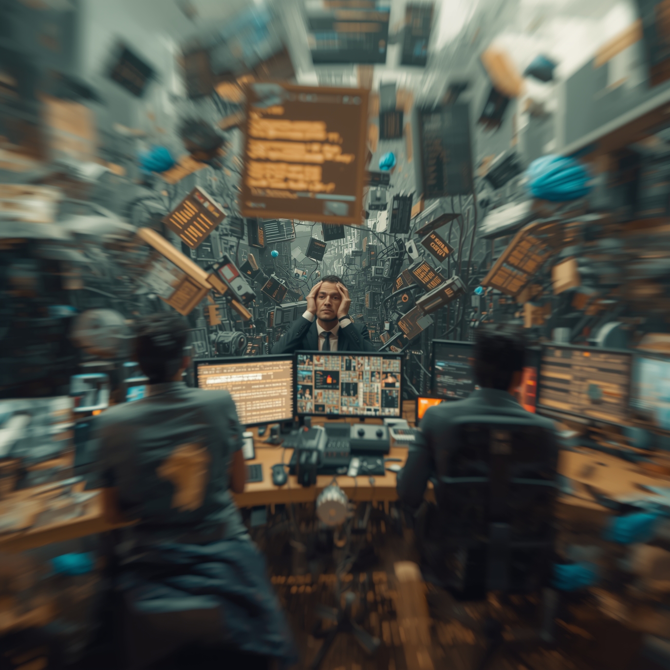 Overwhelmed man at a cluttered control room with dozens of monitors and floating data boards during information overload.