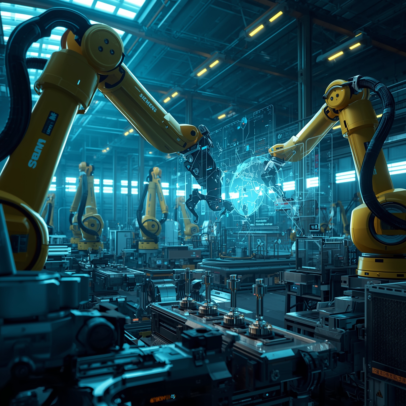 Industrial robot arms assemble a holographic globe on a futuristic factory line, blue-tinted lighting.