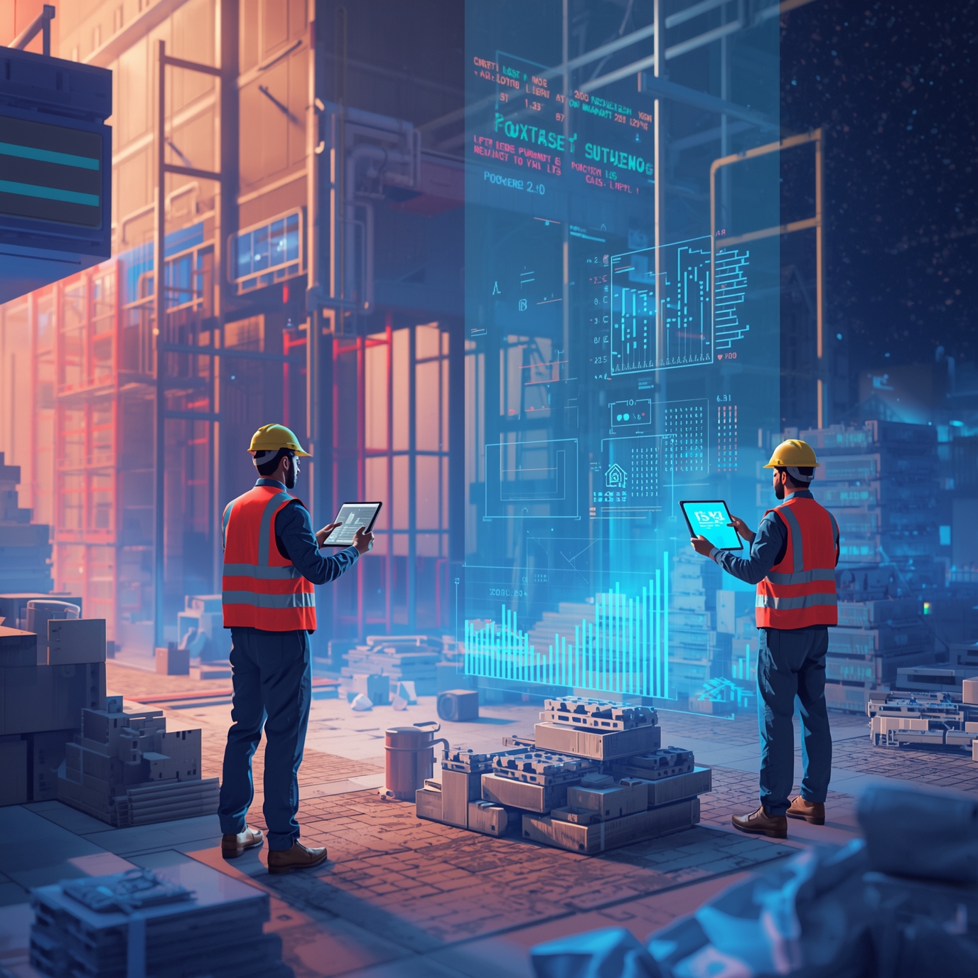 Two construction workers in hard hats and orange vests analyze digital holographic dashboards in a warehouse setting, tablet in hand.