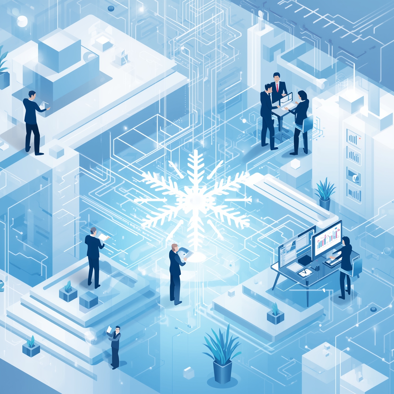 Isometric blue-toned tech workspace with professionals collaborating around a table and a large central snowflake motif.