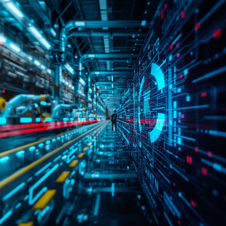 Futuristic data center corridor with glowing blue circuit overlays, symbolizing digital networks.