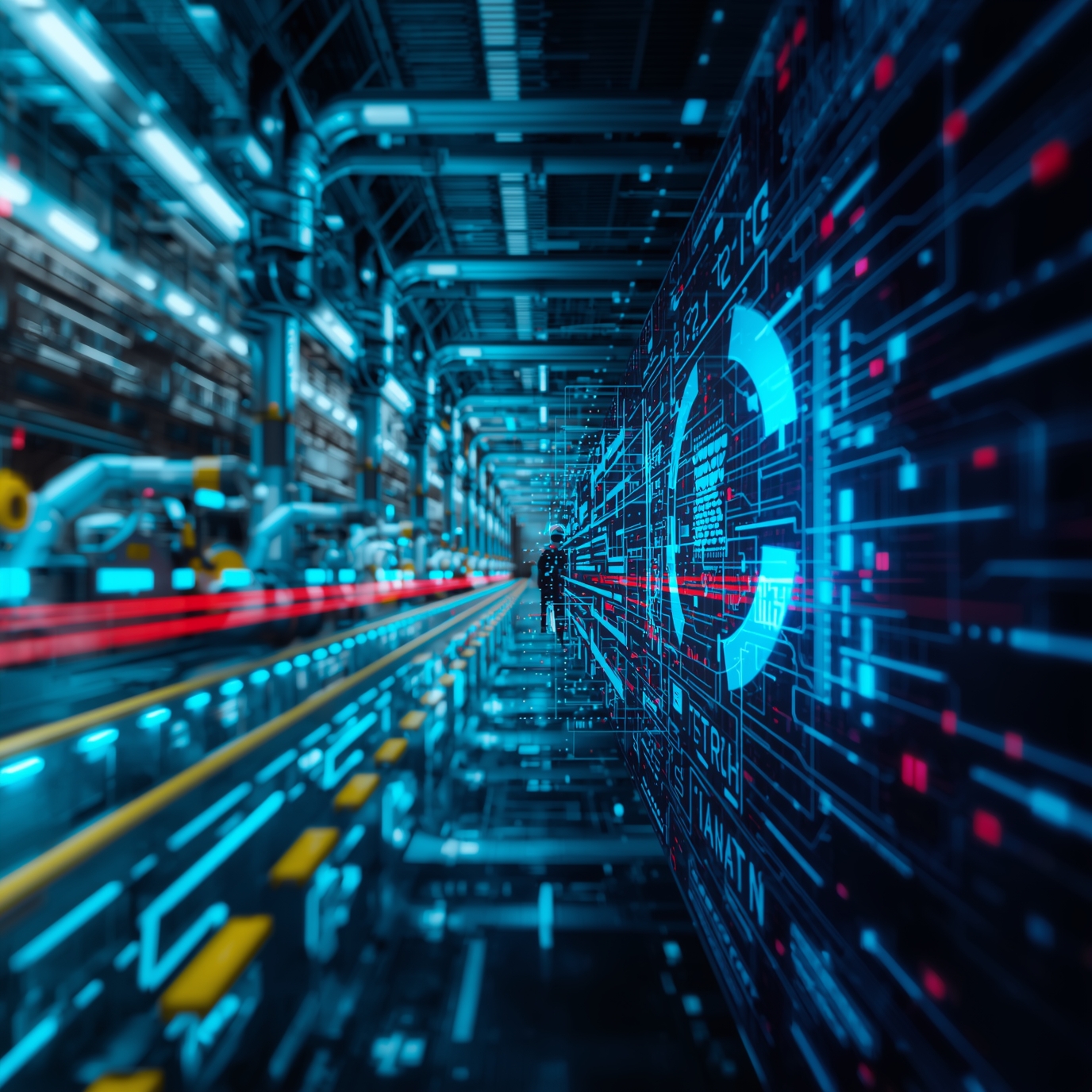 Futuristic data center corridor with glowing blue circuit overlays, symbolizing digital networks.