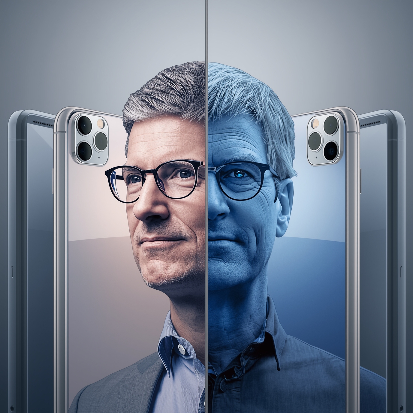 Split portrait of a man in glasses, left side warm-toned, right side blue-toned, reflected across iPhone backs.