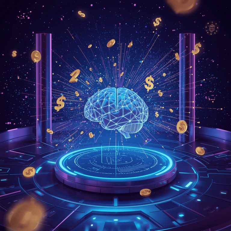 Holographic blue brain hovering above a futuristic circular platform as coins orbit and burst outward in a neon space scene.