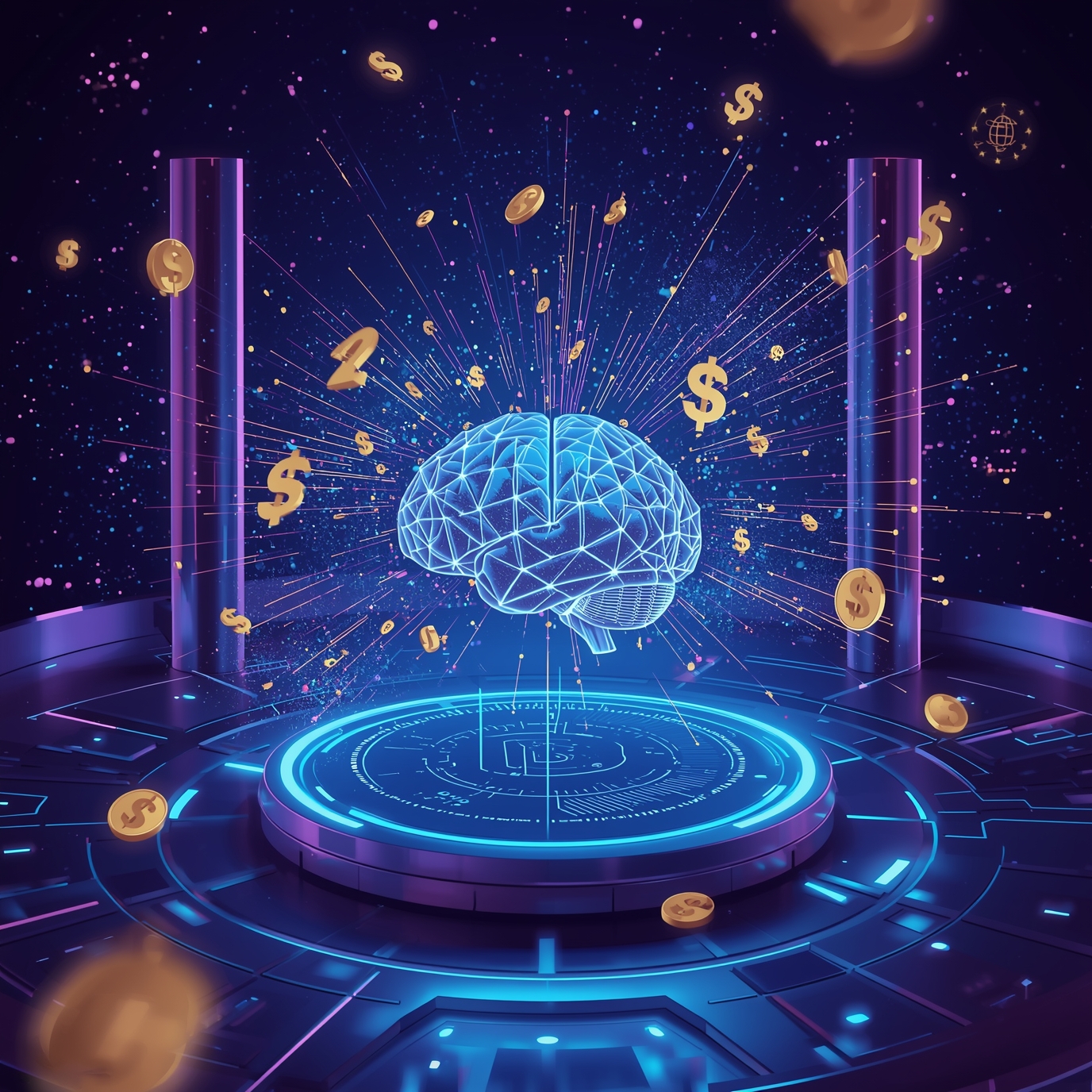 Holographic blue brain hovering above a futuristic circular platform as coins orbit and burst outward in a neon space scene.